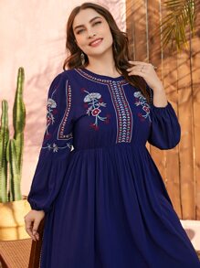 Al Najma 大碼花卉刺繡燈籠袖長連衣裙 - 藏蓝色 - 查看 4