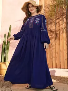 Al Najma 大碼花卉刺繡燈籠袖長連衣裙 - 藏蓝色 - 查看 6