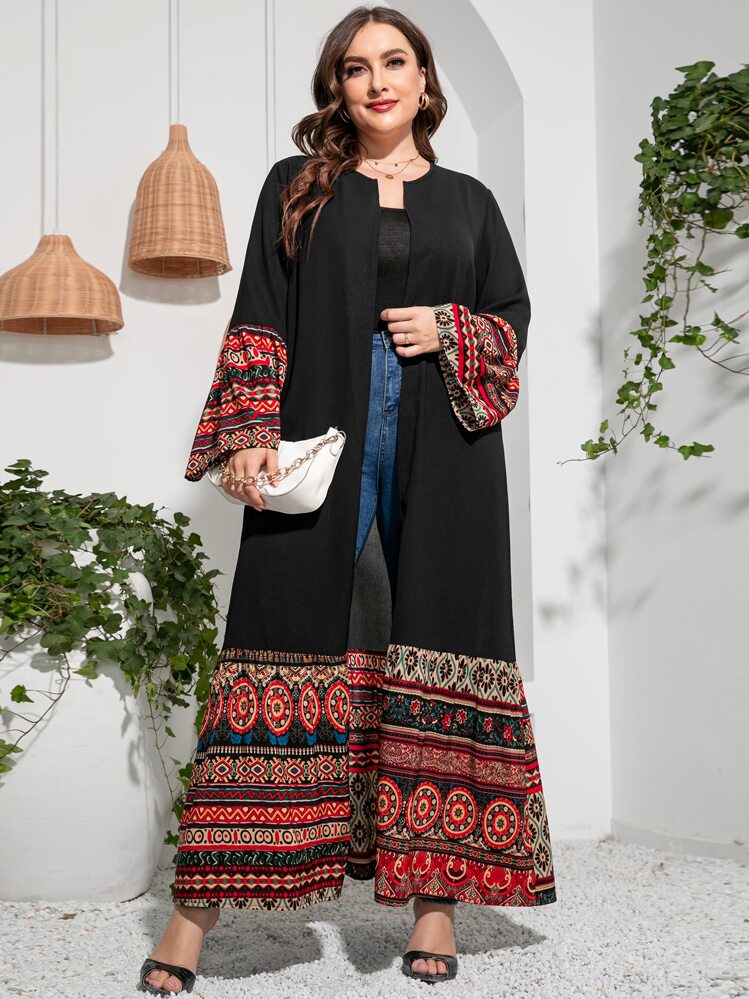 Al Najma Abaya con estampado de mándala con parte delantera abierta - Negro - Añade 1