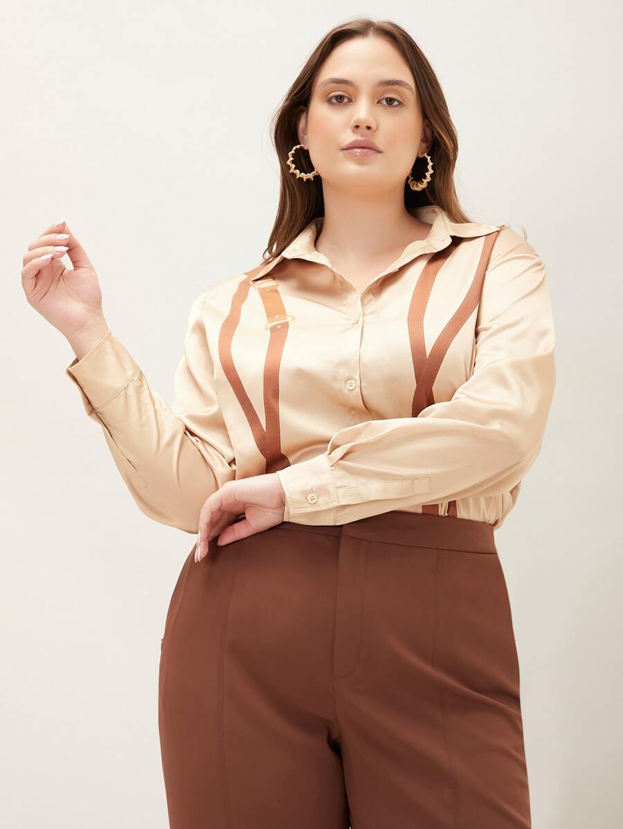 MOTF PREMIUM 大碼直筒款圖案襯衫 - 卡其色 - 查看 1