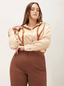 MOTF PREMIUM 大碼直筒款圖案襯衫 - 卡其色 - 查看 10