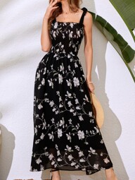 Mulvari Floral Print Shirred Tie Shoulder Chiffon Cami Dress Maxi Women Outfit