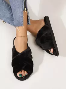 Dép đi trong nhà thời trang thu/đông dành cho nữ, màu trơn, kiểu dáng tối giản với quai chéo, chất liệu lông mềm mại. - màu đen - Xem 5