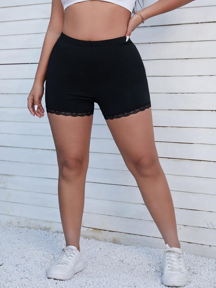 Plus Lace Trim Elastic Waist Cycling Shorts - Black - View 2