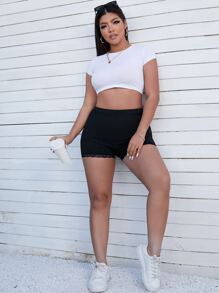 Plus Lace Trim Elastic Waist Cycling Shorts - Black - View 4