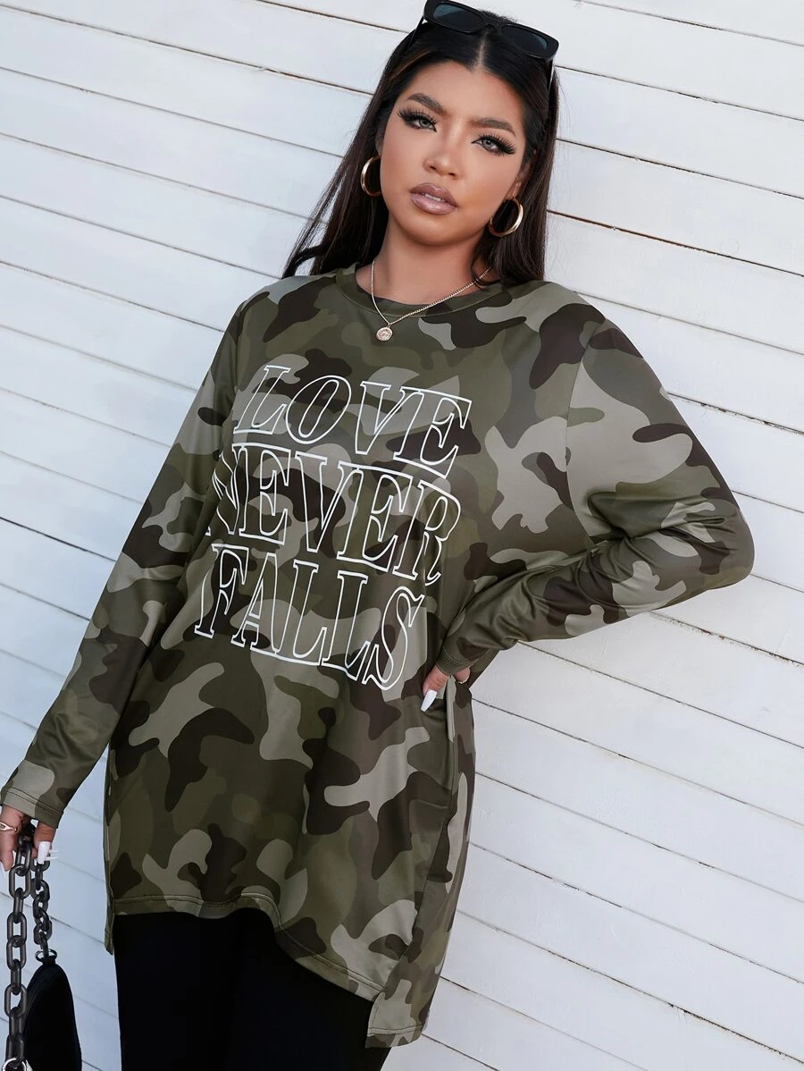SHEIN EZwear Plus Slogan & Camo Print High Low Hem Tee - Multicolor - View 1