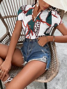 SHEIN Unity Leopard & Chain Print Notched Neck Blouse - Multicolor - View 1