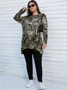 SHEIN EZwear Plus Slogan & Camo Print High Low Hem Tee - Multicolor - View 3