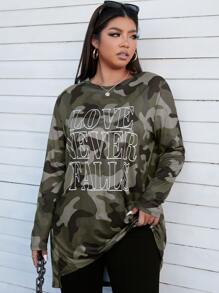 SHEIN EZwear Plus Slogan & Camo Print High Low Hem Tee - Multicolor - View 4