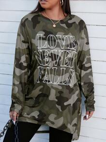 SHEIN EZwear Plus Slogan & Camo Print High Low Hem Tee - Multicolor - View 5