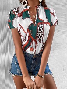 SHEIN Unity Leopard & Chain Print Notched Neck Blouse - Multicolor - View 4
