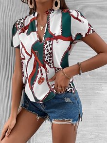 SHEIN Unity Leopard & Chain Print Notched Neck Blouse - Multicolor - View 5