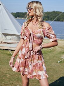 Bộ đồ hai mảnh nữ Viên lá sen Thắt nơ trước Nhiệt đới Boho - Nhiều màu - Xem 1