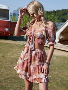 Bộ đồ hai mảnh nữ Viên lá sen Thắt nơ trước Nhiệt đới Boho - Nhiều màu - Xem 3