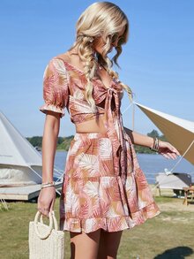 Bộ đồ hai mảnh nữ Viên lá sen Thắt nơ trước Nhiệt đới Boho - Nhiều màu - Xem 5