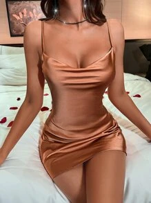 Satin Solid Cowl Neck Cami Dress - Orange - View 5