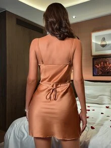 Satin Solid Cowl Neck Cami Dress - Orange - View 2