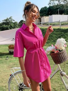 SHEIN Unity 素色落肩袖腰帶襯衫 - 玫紅色 - 查看 1