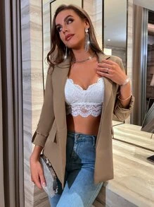 SHEIN Essnce Áo khoác  âu phục nữ Nút màu trơn Thanh lịch - Màu Khaki - Xem 4