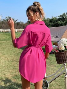 SHEIN Unity 素色落肩袖腰帶襯衫 - 玫紅色 - 查看 2