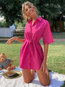 SHEIN Unity 素色落肩袖腰帶襯衫 - 玫紅色 - 查看 5