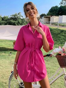 SHEIN Unity 素色落肩袖腰帶襯衫 - 玫紅色 - 查看 6