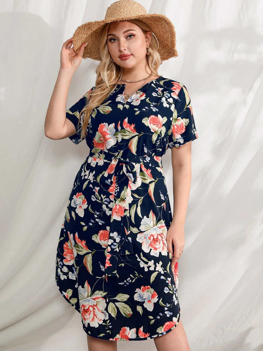 大碼印花缺口領繫腰帶連衣裙 - 藏蓝色 - 查看 1