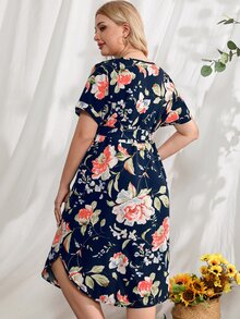 大碼印花缺口領繫腰帶連衣裙 - 藏蓝色 - 查看 2