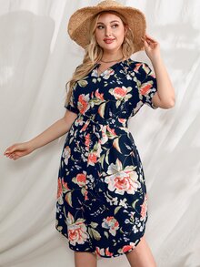 大碼印花缺口領繫腰帶連衣裙 - 藏蓝色 - 查看 3