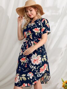 大碼印花缺口領繫腰帶連衣裙 - 藏蓝色 - 查看 4