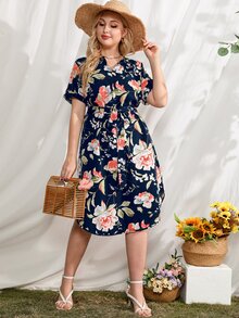 大碼印花缺口領繫腰帶連衣裙 - 藏蓝色 - 查看 5