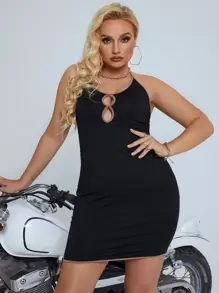 大碼鏤空繞頸緊身洋裝 - 黑色 - 查看 1