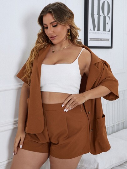Plus Single Breasted Dual Pocket Blazer & High Waist Shorts