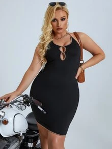 大碼鏤空繞頸緊身洋裝 - 黑色 - 查看 6