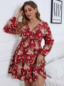 SHEIN Clasi Plus Floral Print Lantern Sleeve Shirred Waist Dress For New Year Clothes Fall Cloth For Women