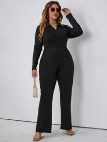 Plus Solid Polo Neck Flare Leg Jumpsuit - Black - View 3