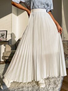 Seusyu High Waist Maxi Pleated Skirt - White - View 1