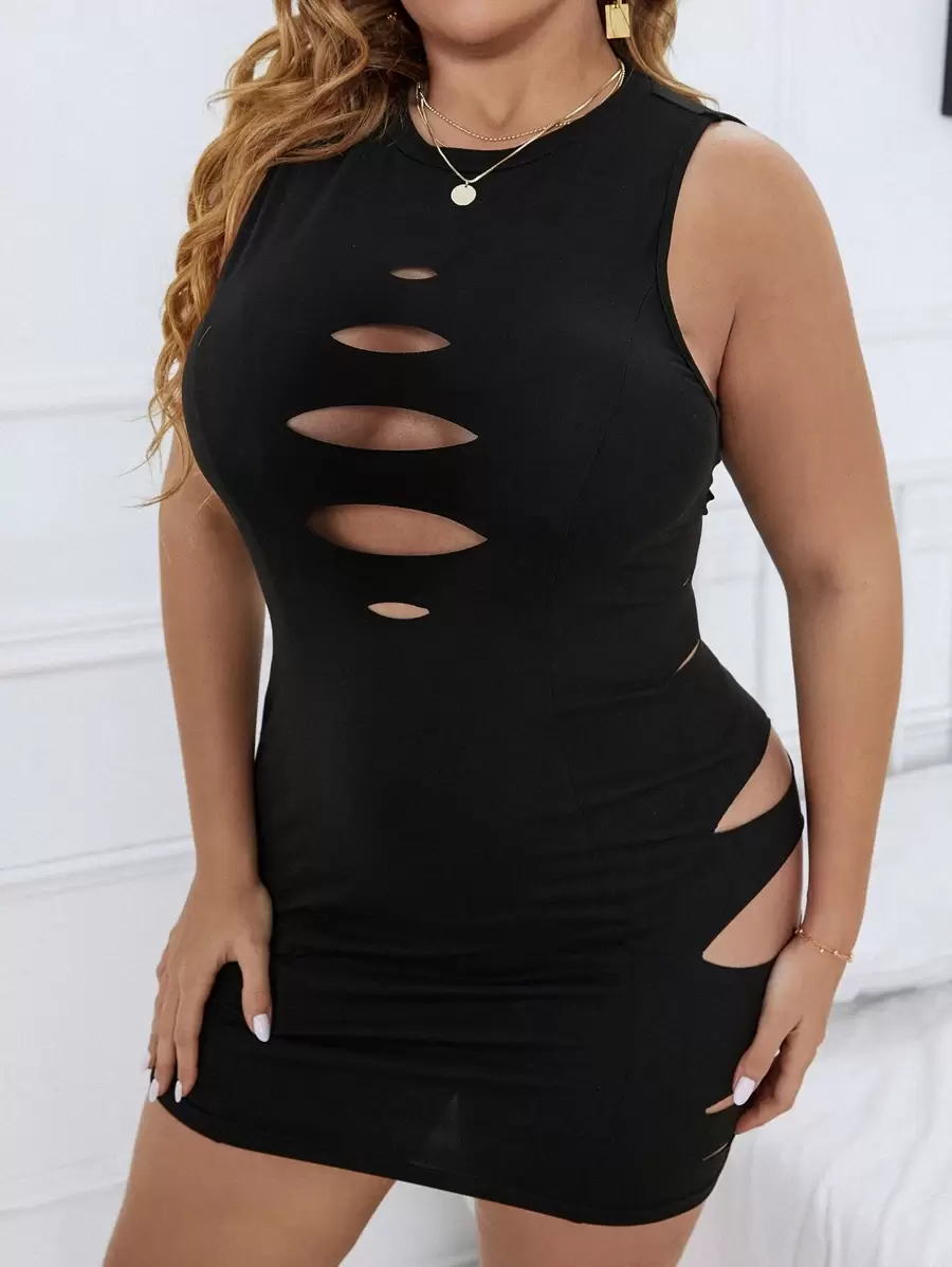 Flirla Plus Ladder Cut Out Bodycon Dress - Black - View 1