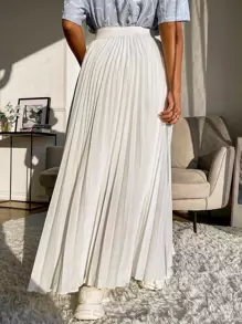 Seusyu High Waist Maxi Pleated Skirt - White - View 2