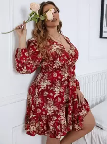 SHEIN Clasi Plus Floral Print Lantern Sleeve Shirred Waist Dress For New Year Clothes Fall Cloth For Women