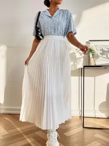 Seusyu High Waist Maxi Pleated Skirt - White - View 4