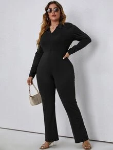Plus Solid Polo Neck Flare Leg Jumpsuit - Black - View 6