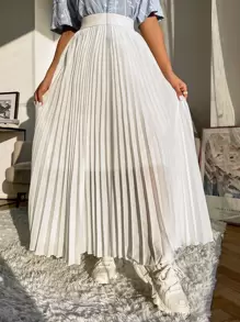 Seusyu High Waist Maxi Pleated Skirt - White - View 5