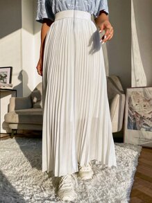 Seusyu High Waist Maxi Pleated Skirt - White - View 6