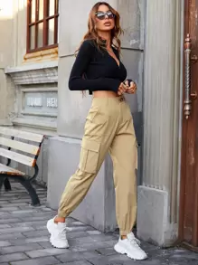 SHEIN EZwear Slant Pocket Cargo Trousers - Khaki - View 3