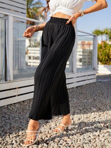 SHEIN Frenchy Quần nữ viền lá sen màu trơn Giải trí - màu đen - Xem 3