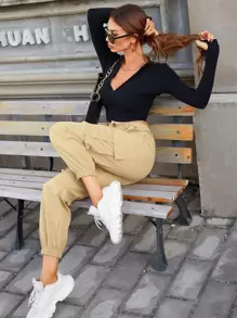 SHEIN EZwear Slant Pocket Cargo Trousers - Khaki - View 4