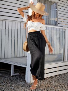 SHEIN Frenchy Quần nữ viền lá sen màu trơn Giải trí - màu đen - Xem 4