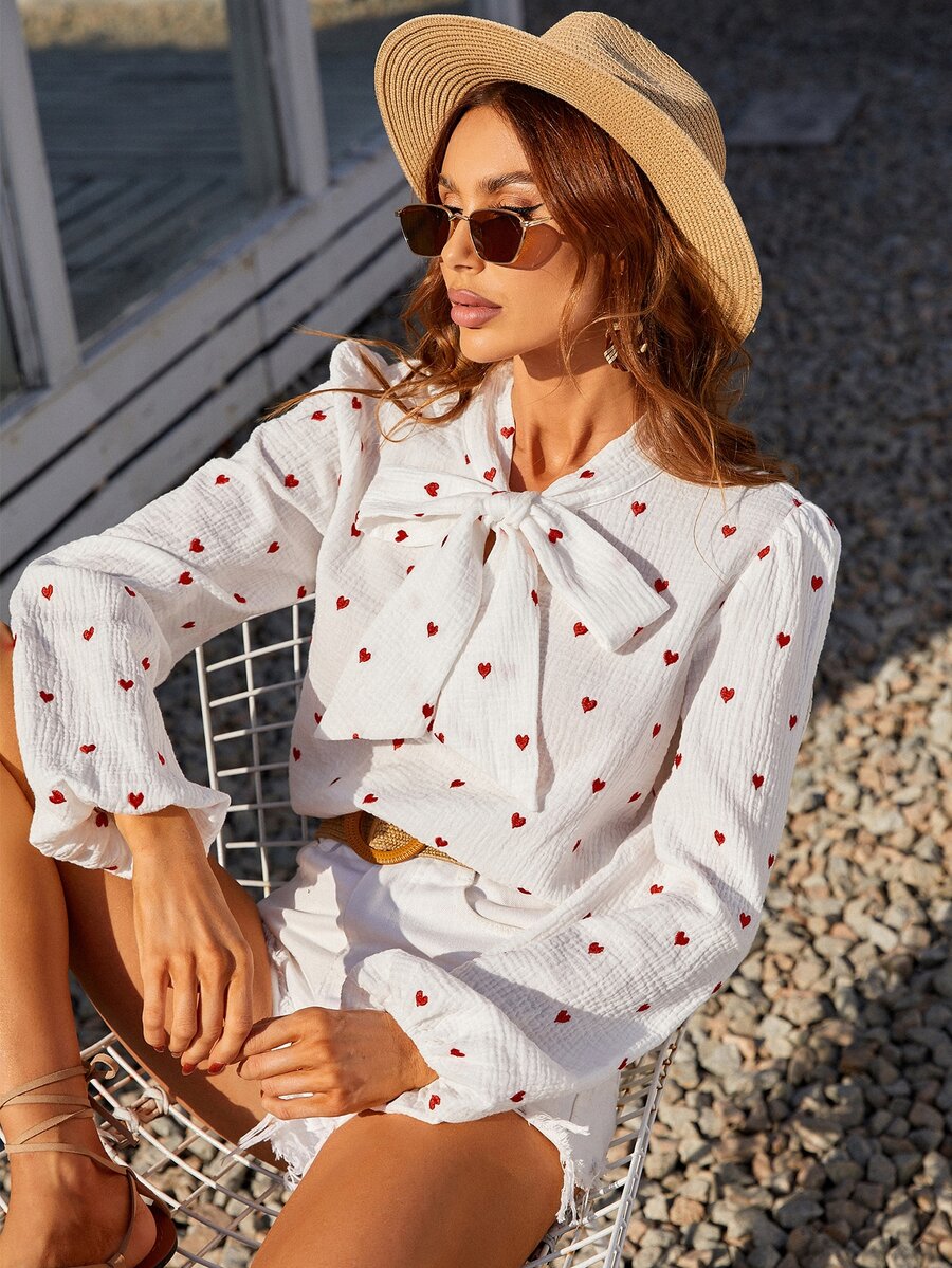 Áo sơ mi nữ Thắt nơ trước Tim Thanh lịch - trắng - Xem 1