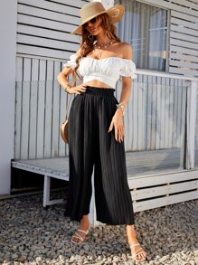 SHEIN Frenchy Quần nữ viền lá sen màu trơn Giải trí - màu đen - Xem 5